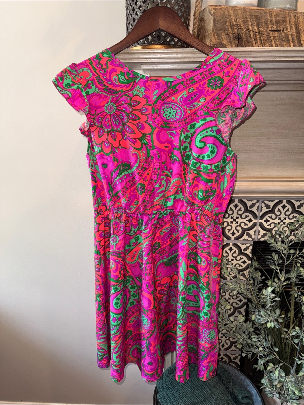 SHEIN Pink & Green Paisley Cap-Sleeve Mini Dress